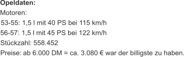 Opeldaten: Motoren:  53-55: 1,5 l mit 40 PS bei 115 km/h 56-57: 1,5 l mit 45 PS bei 122 km/h Stückzahl:  558.452 Preise:  ab 6.000 DM = ca. 3.080 € war der billigste zu haben.