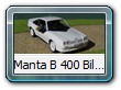 Manta B 400 Bild 3

Hersteller: Schuco
polarweiss Auflage 1000 Stück 12 / 2013

Opeldaten:
Natürlich war im 400er der 2,4 E - Motor mit 144 PS und einer Höchstgeschwindigkeit von 210 km/h enthalten. Insgesamt wurden 245 Stück zu etwa 31.200 DM = 16.000 Euro verkauft.